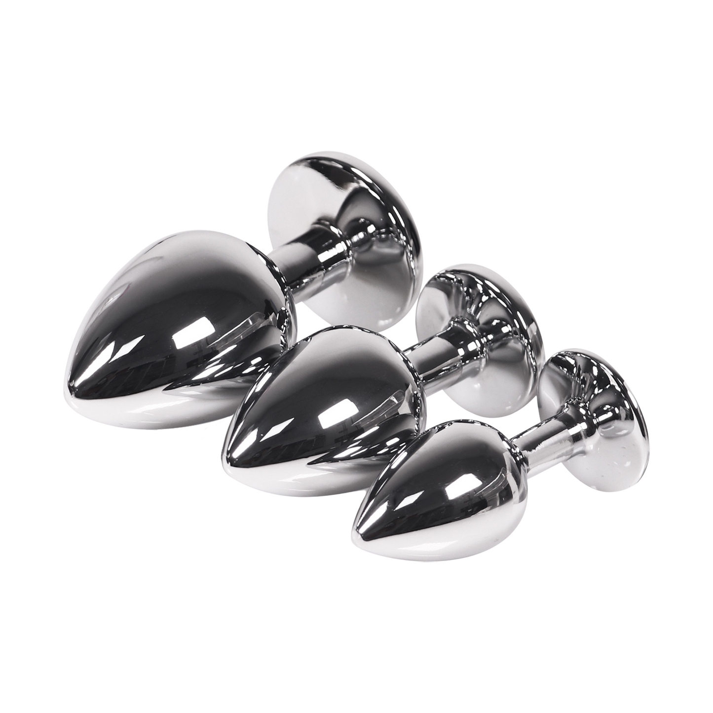 Set of silver butt plugs in three sizes on a transparent background