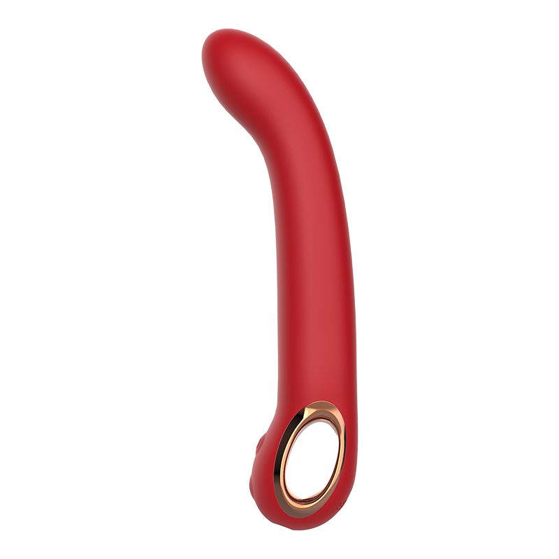 Red curved vibrator with gold accent handle on a white background