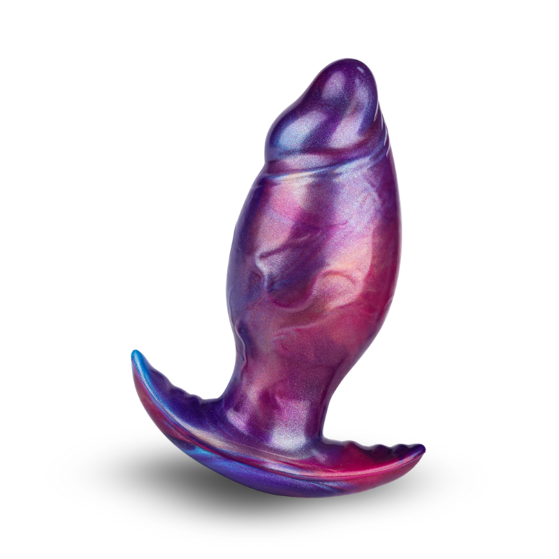 Purple and blue silicone butt plug on a white background
