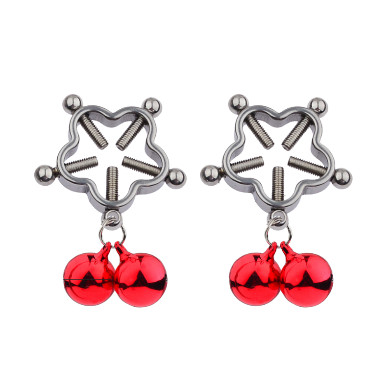 Two star-shaped nipple clips with rounded corners and attached two red bells each
