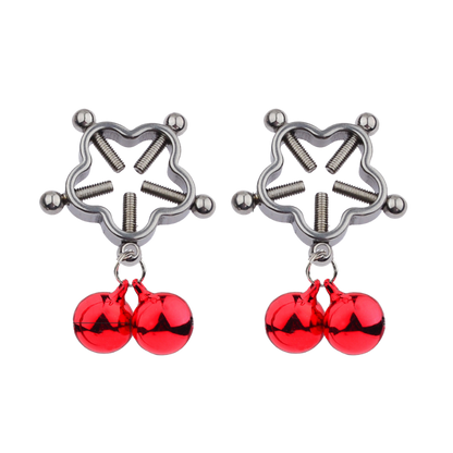 Two star-shaped nipple clips with rounded corners and attached two red bells each