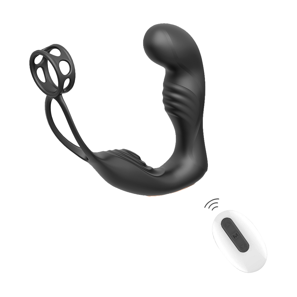 Black prostate massager and cock ring with white remote control on transparent background