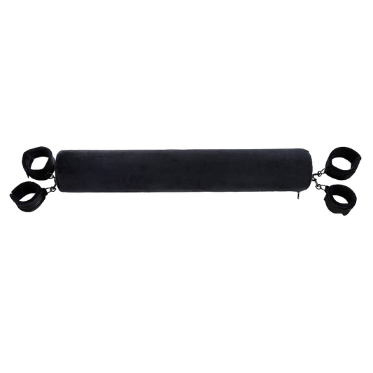 Black cylindrical spreader bar with four attached cuffs on both ends